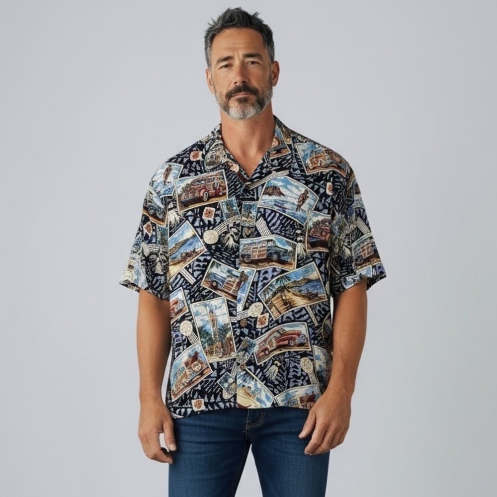 Reyn Spooner Joe Kealohas Hawaiian Shirt Mens L Postcard Surf Woody Wagon Navy